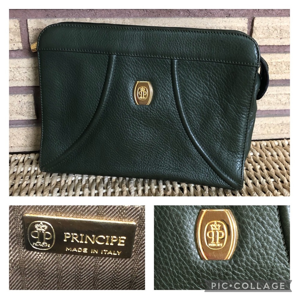 70's Olive Green Principe Leather Clutch Purse - Leather Handbag - Vintage Purse